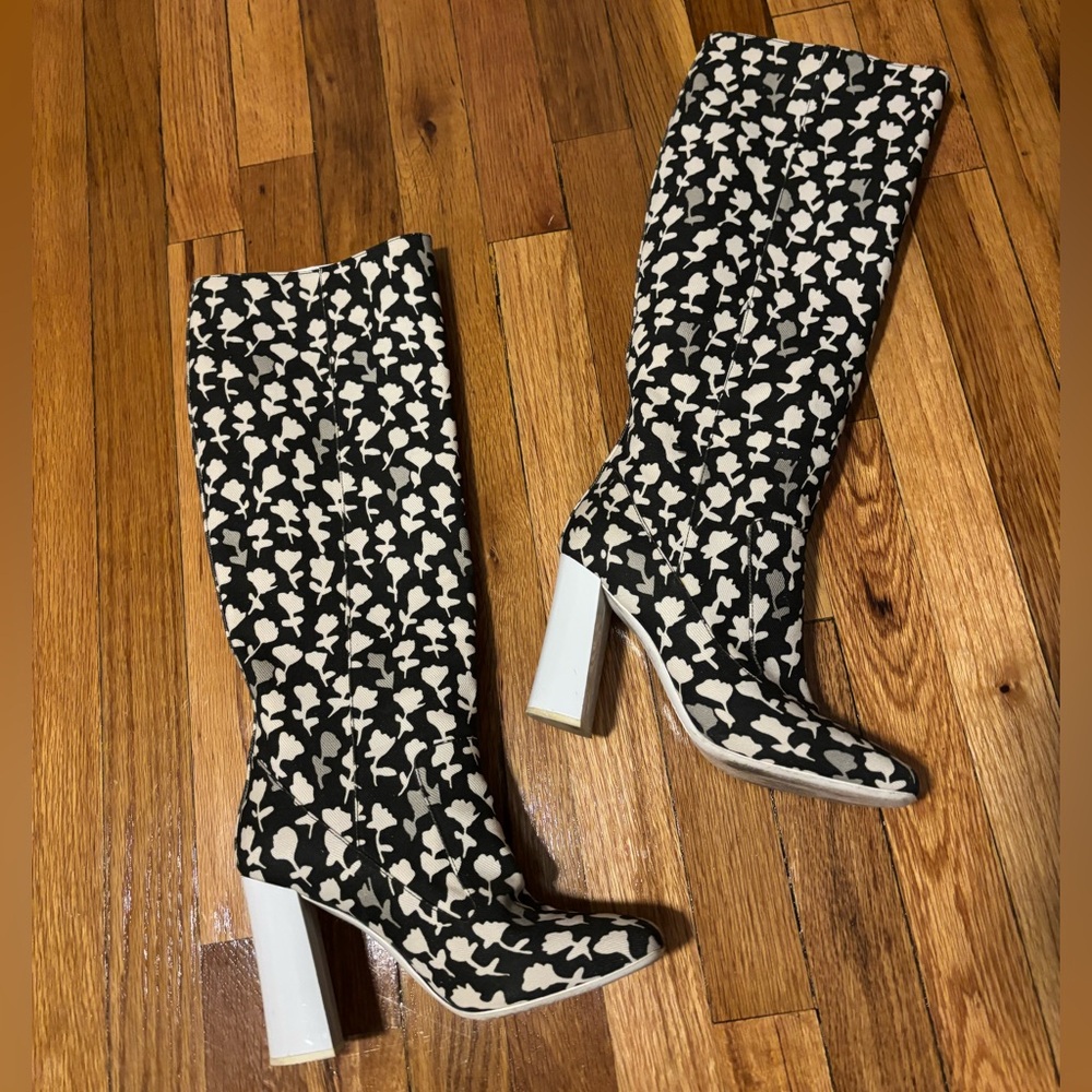Black and White floral Knee-High Boots